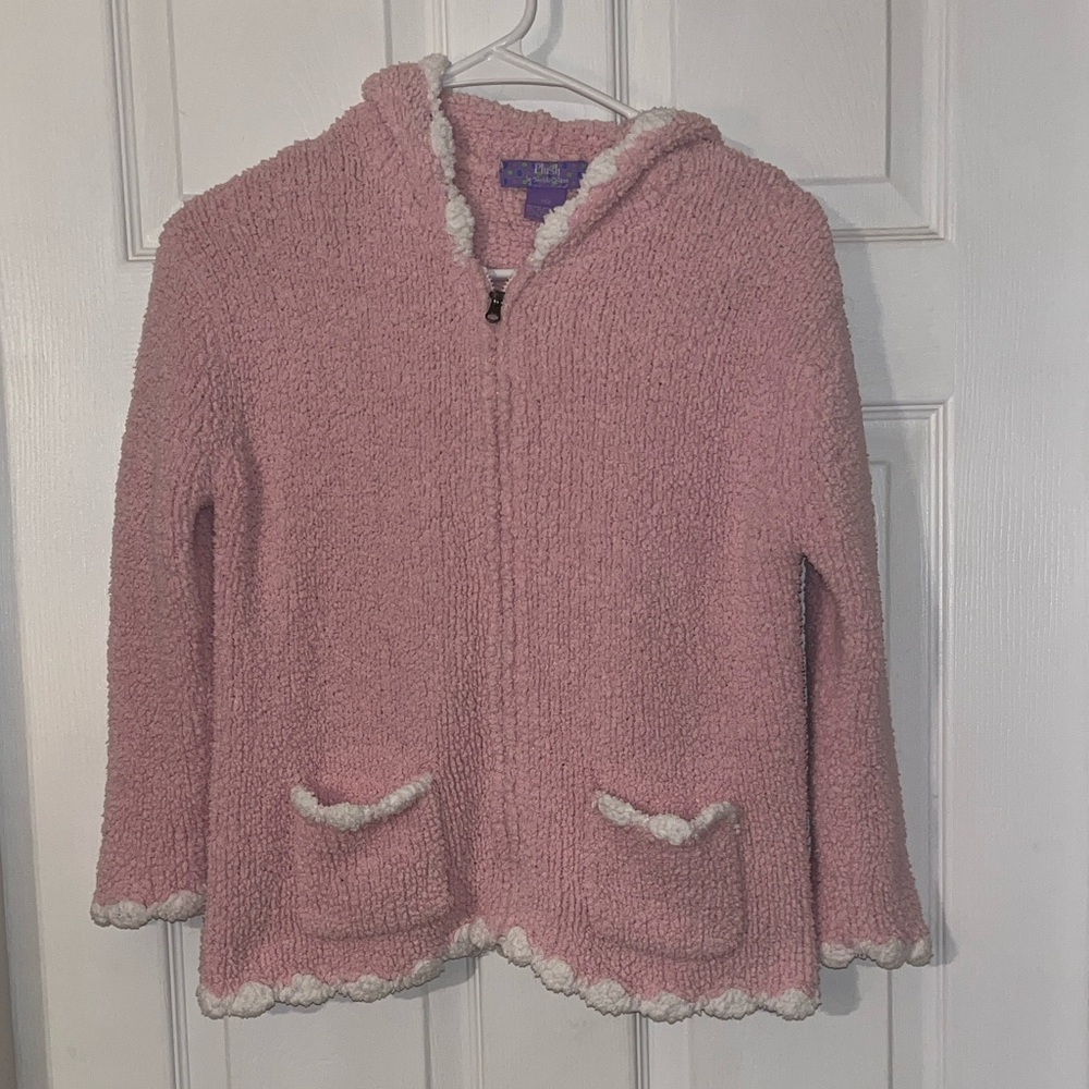 Girl’s Sherpa look zip hoodie cardigan, pink & white, size 7/8